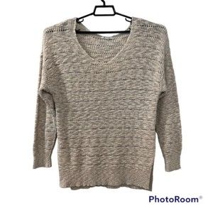 American Eagle Womens Beige Crochet Vneck LS Ribbed Hem Side Slit Sweater Size S